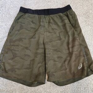 ASICS Athletic Shorts Camo Running Men's Medium Workout Shorts Black Army Green